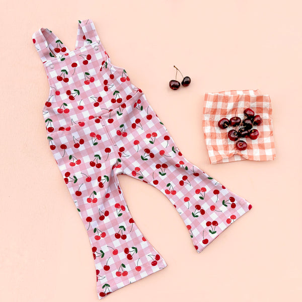 Cherry gingham bell overalls