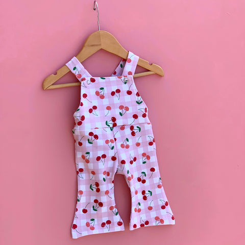 Cherry gingham bell overalls